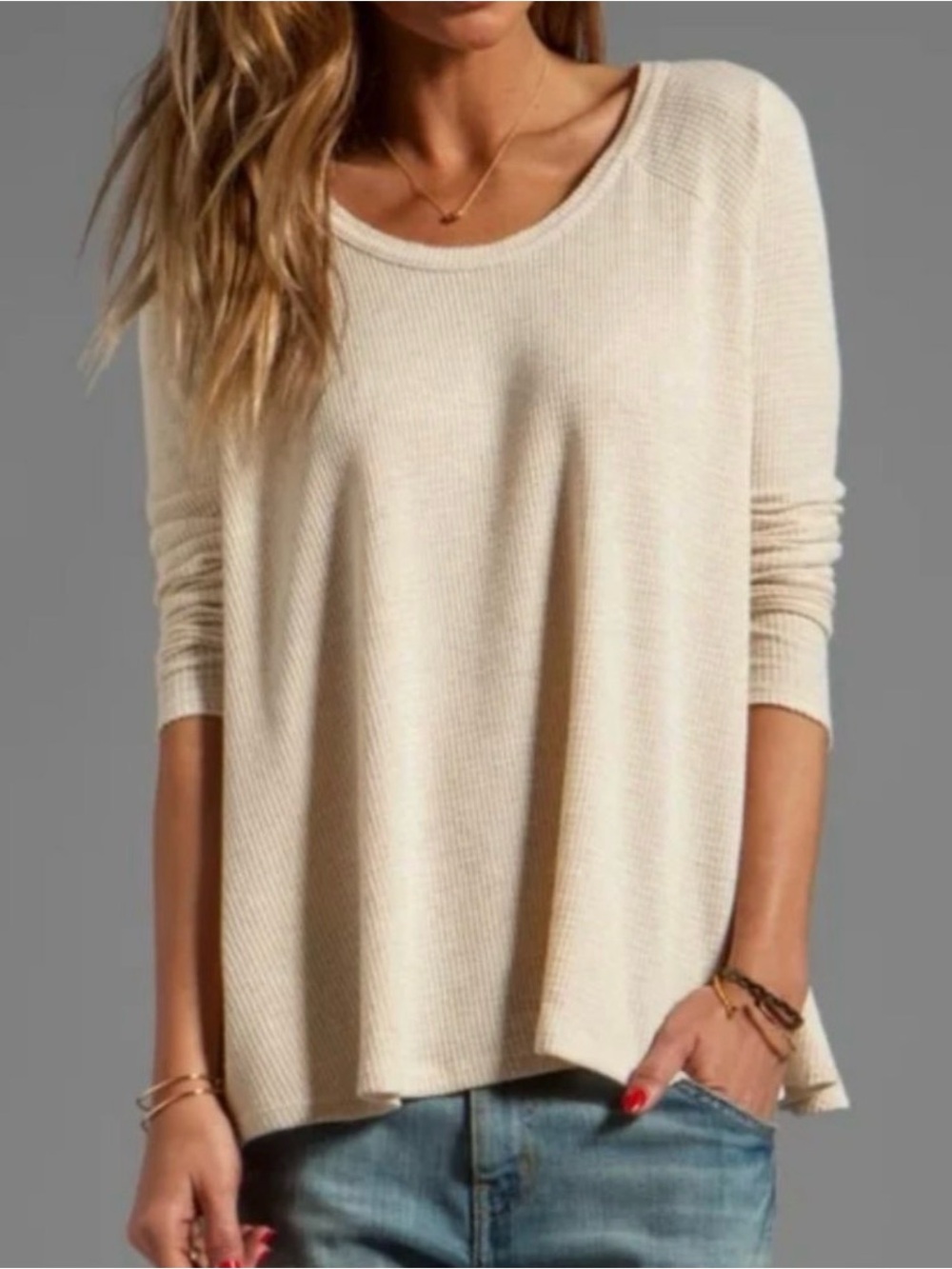 Free People We The Free Ivory Waffle Knit Swing Thermal Top M